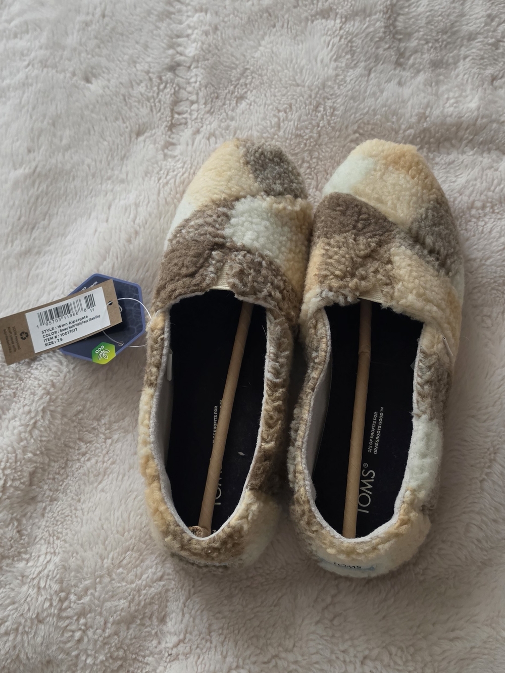 TOMS Sherpa Patchwork Slip-On Flats in Cream and Brown
